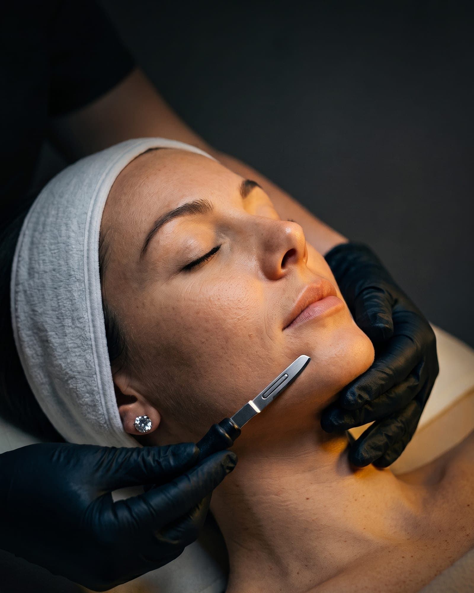 Esthetician performing a dermaplane facial treatment on a relaxed guest at The Spa on Phillips
